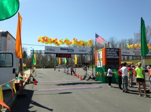 the finish line (to the left of the start)
